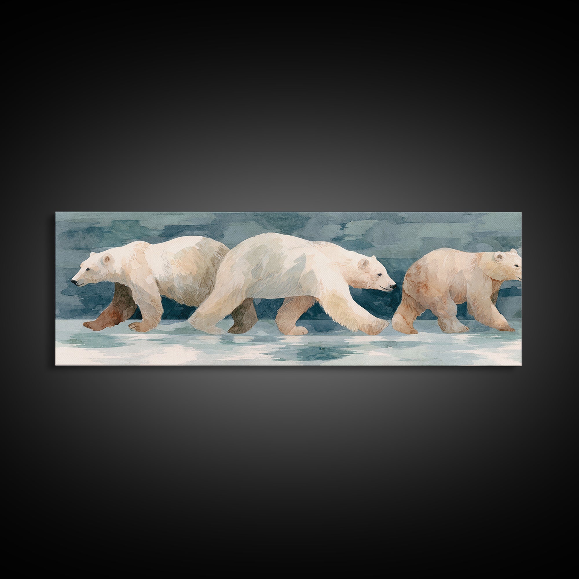 Polar Bear Crossing Blue Ice Framed Canvas Print, Wildlife Art, Living Room Decor, Oil Painting, Wild, Living Room Art, WIL-3x1-79