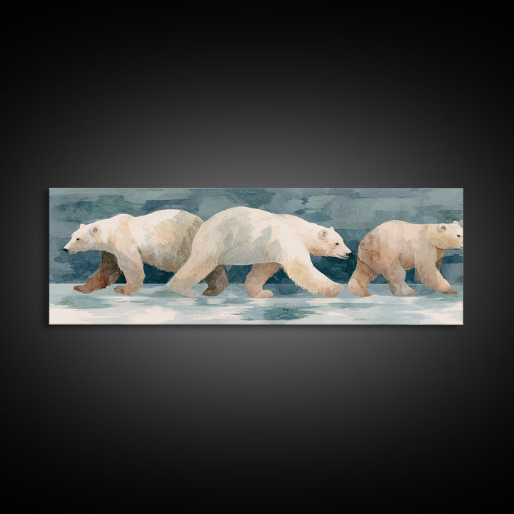 Polar Bear Crossing Blue Ice Framed Canvas Print, Wildlife Art, Living Room Decor, Oil Painting, Wild, Living Room Art, WIL-3x1-79