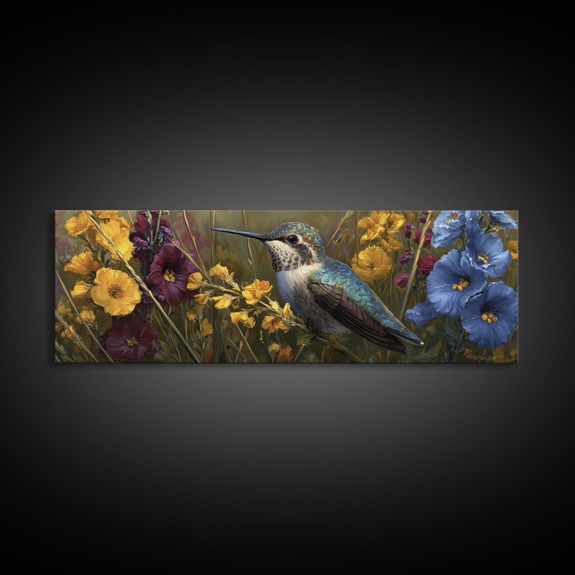 Hummingbird Beside Bright Flowers Canvas Print, Wildlife Art, Living Room Art, Living Room Decor, Watercolor Art, Wild, WIL-3x1-8
