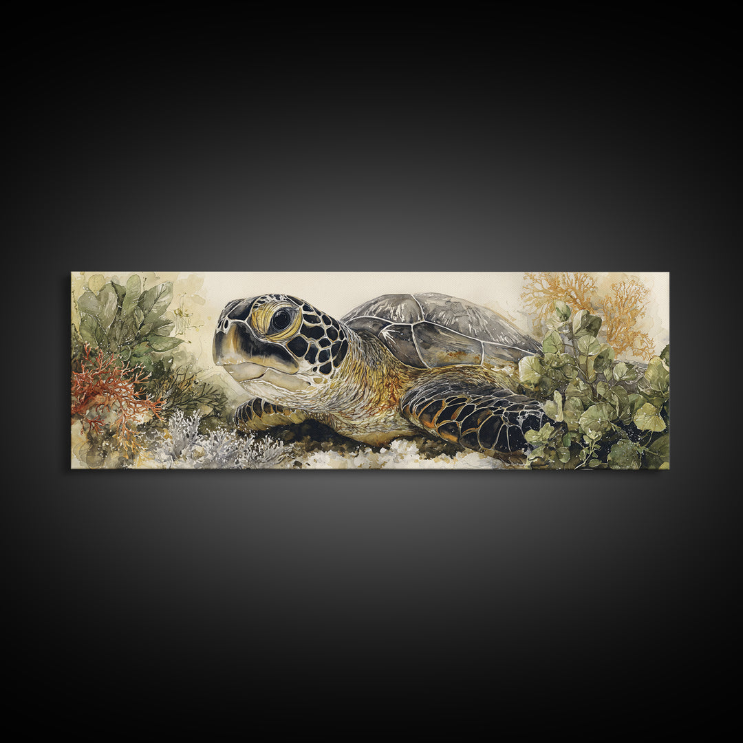 Sea Turtle over Coral Reef Framed Canvas Print, Wildlife Art, Modern Wall Art, Living Room Decor, Fine Art, Wild, Bird Wall Art, WIL-3x1-82