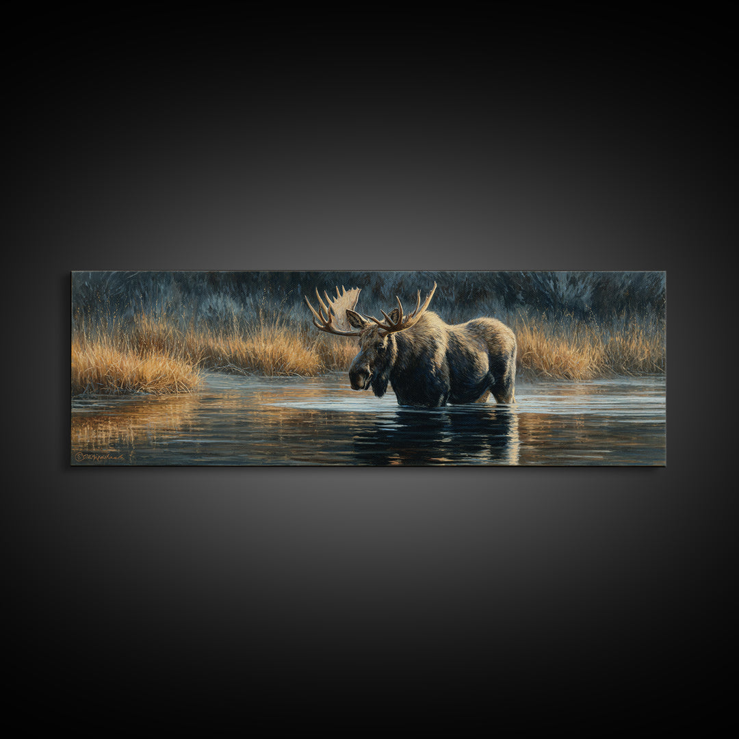 Moose Standing in Reflective Lake Canvas Print, Wildlife Art, Oil Painting, Living Room Decor, Fine Art, Wild, Bedroom Wall Art, WIL-3x1-83
