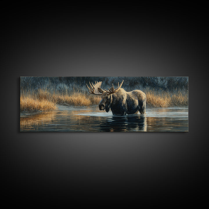 Moose Standing in Reflective Lake Canvas Print, Wildlife Art, Oil Painting, Living Room Decor, Fine Art, Wild, Bedroom Wall Art, WIL-3x1-83