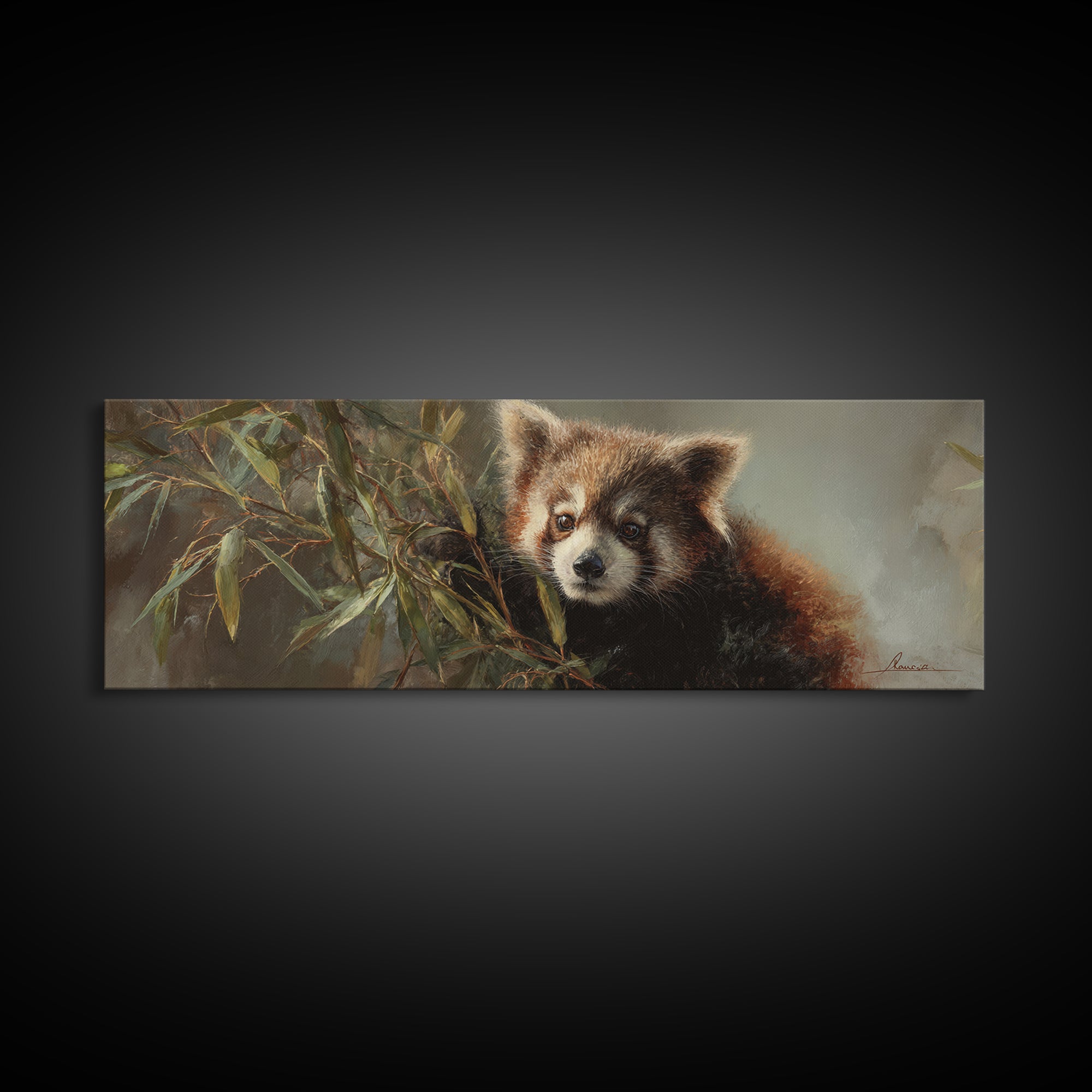Red Panda Among Bamboo Leaves Framed Canvas Print, Wildlife Art, Wall Decor, Living Room Decor, Wild, Living Room Wall Art, WIL-3x1-84