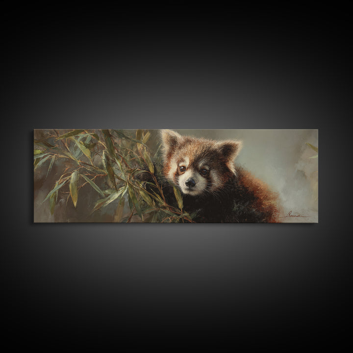 Red Panda Among Bamboo Leaves Framed Canvas Print, Wildlife Art, Wall Decor, Living Room Decor, Wild, Living Room Wall Art, WIL-3x1-84