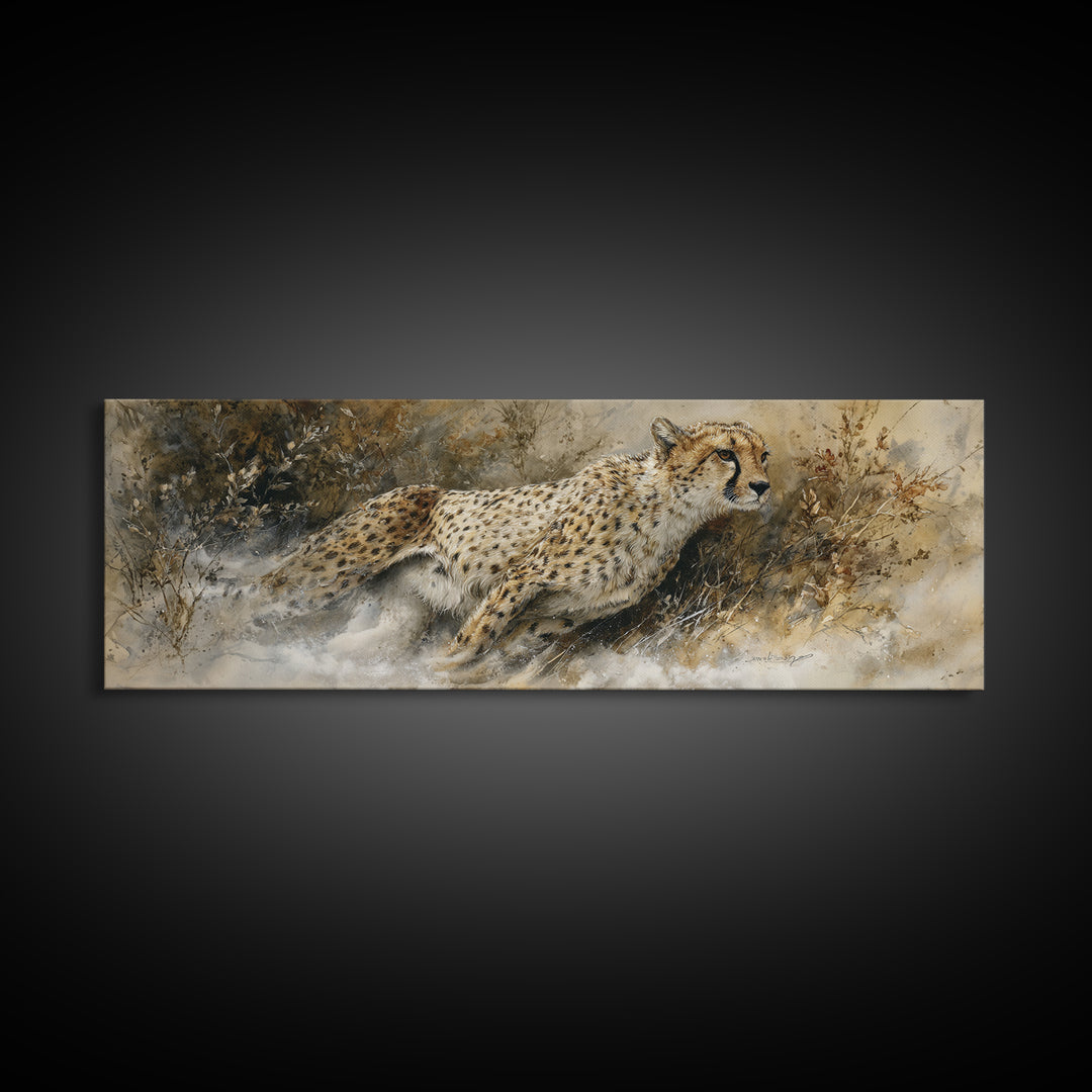 Cheetah Running Through Warm Dust Canvas Print, Wildlife Art, Digital Download Art, Living Room Decor, Oil Painting, Wild, WIL-3x1-85
