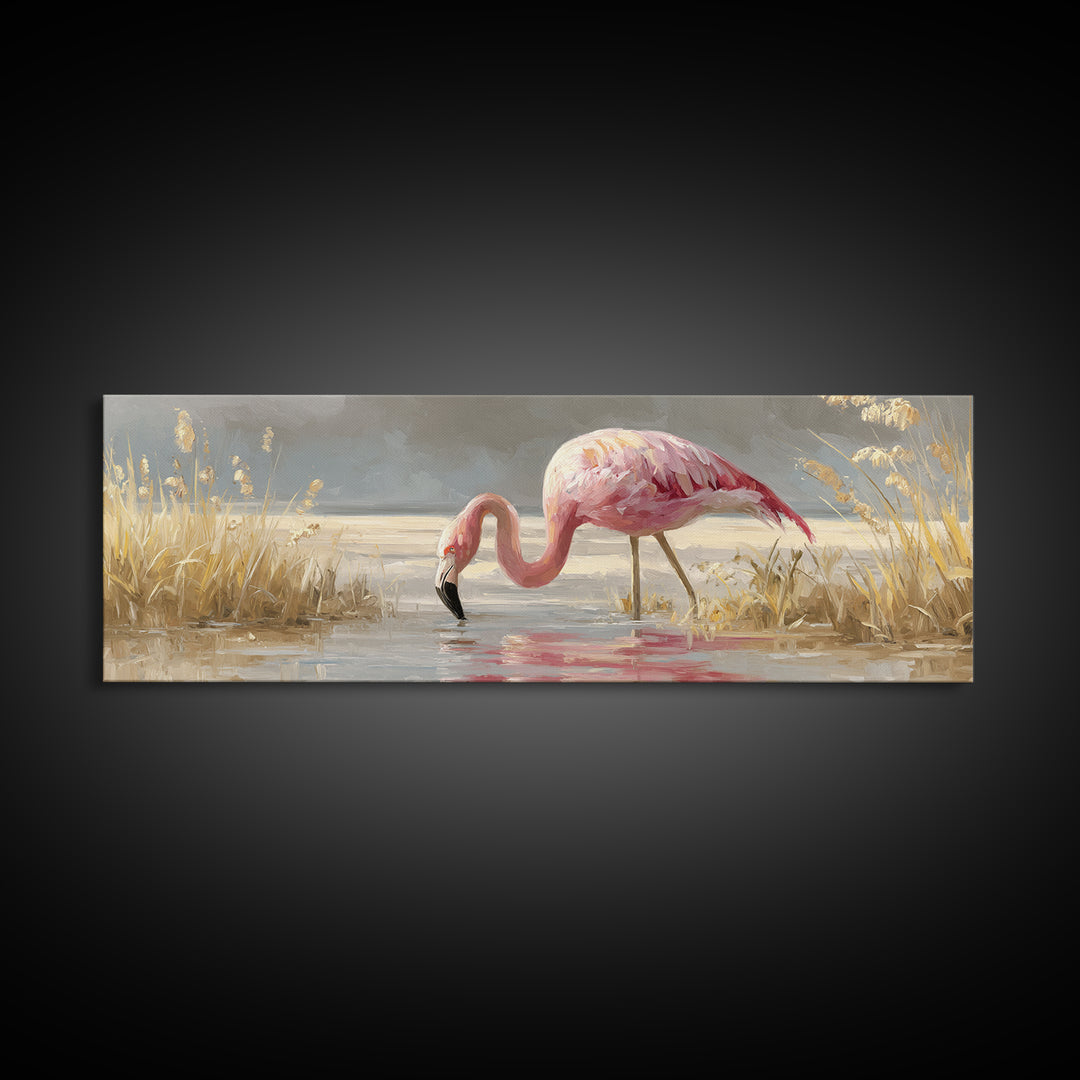 Flamingos in Pink Shallow Water Canvas Print, Wildlife Art, Canvas Wall Art, Living Room Decor, Watercolor Art, Wild, WIL-3x1-86