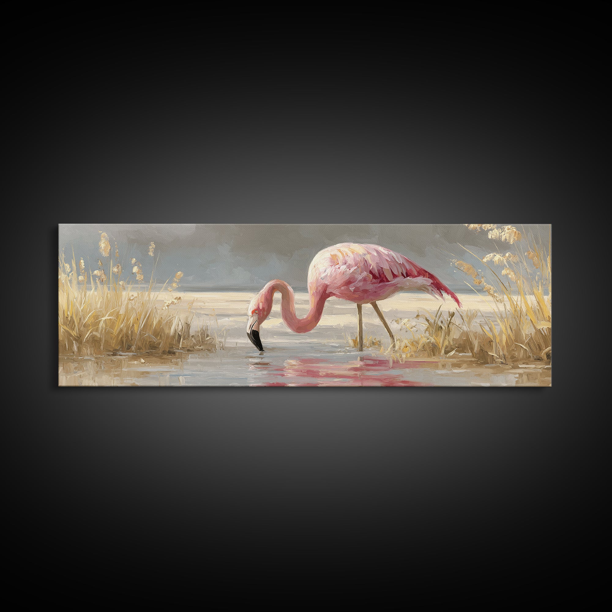 Flamingos in Pink Shallow Water Canvas Print, Wildlife Art, Canvas Wall Art, Living Room Decor, Watercolor Art, Wild, WIL-3x1-86