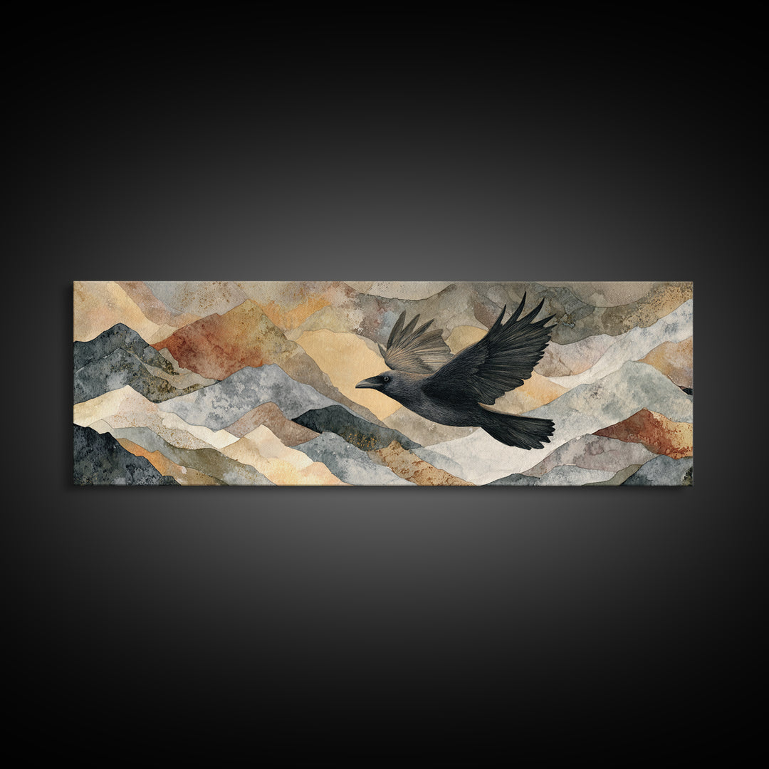 Raven Flying Through Snowy Mountains Canvas Print, Wildlife Art, Minimalist Decor, Living Room Decor, Fine Art, Wild, WIL-3x1-88