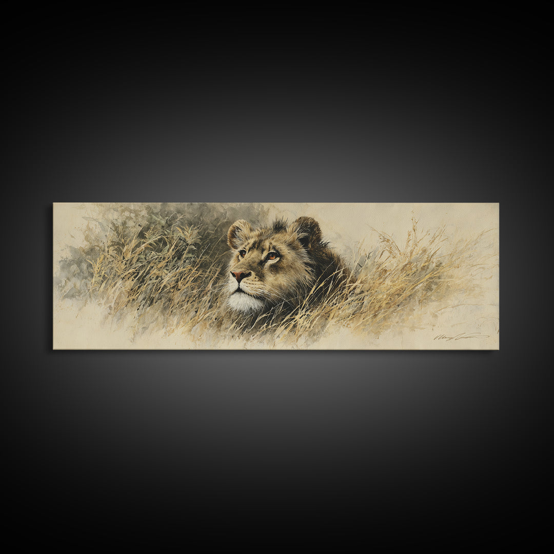 Lion Emerging from Golden Savanna Grass Framed Canvas Print, Wildlife Art, Unique Home Decor, Living Room Decor, Oil Painting, WIL-3x1-89
