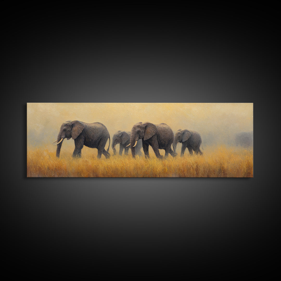 Elephant Herd Walking Through Dusty Sunset Framed Canvas Print, Wildlife Art, Landscape Art, Living Room Decor, Fine Art, Wild, WIL-3x1-90