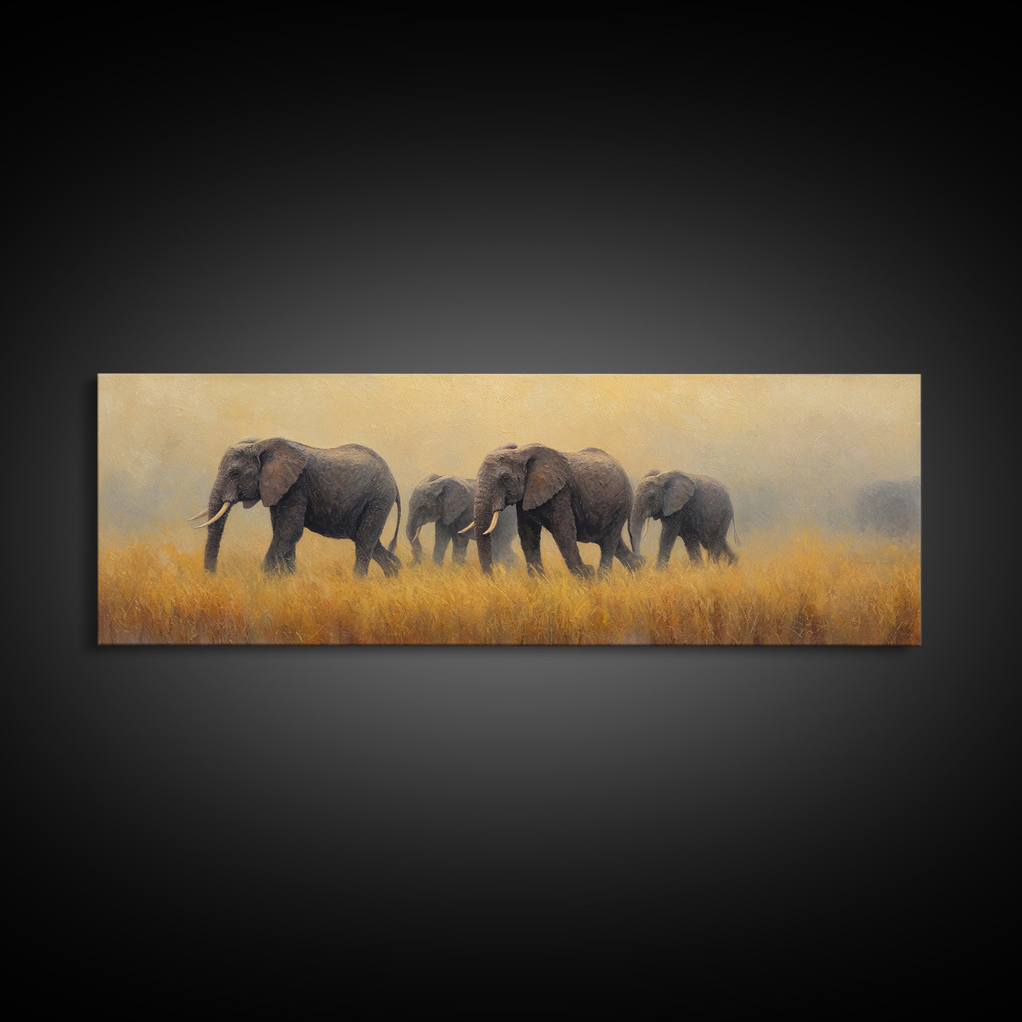 Elephant Herd Walking Through Dusty Sunset Framed Canvas Print, Wildlife Art, Landscape Art, Living Room Decor, Fine Art, Wild, WIL-3x1-90