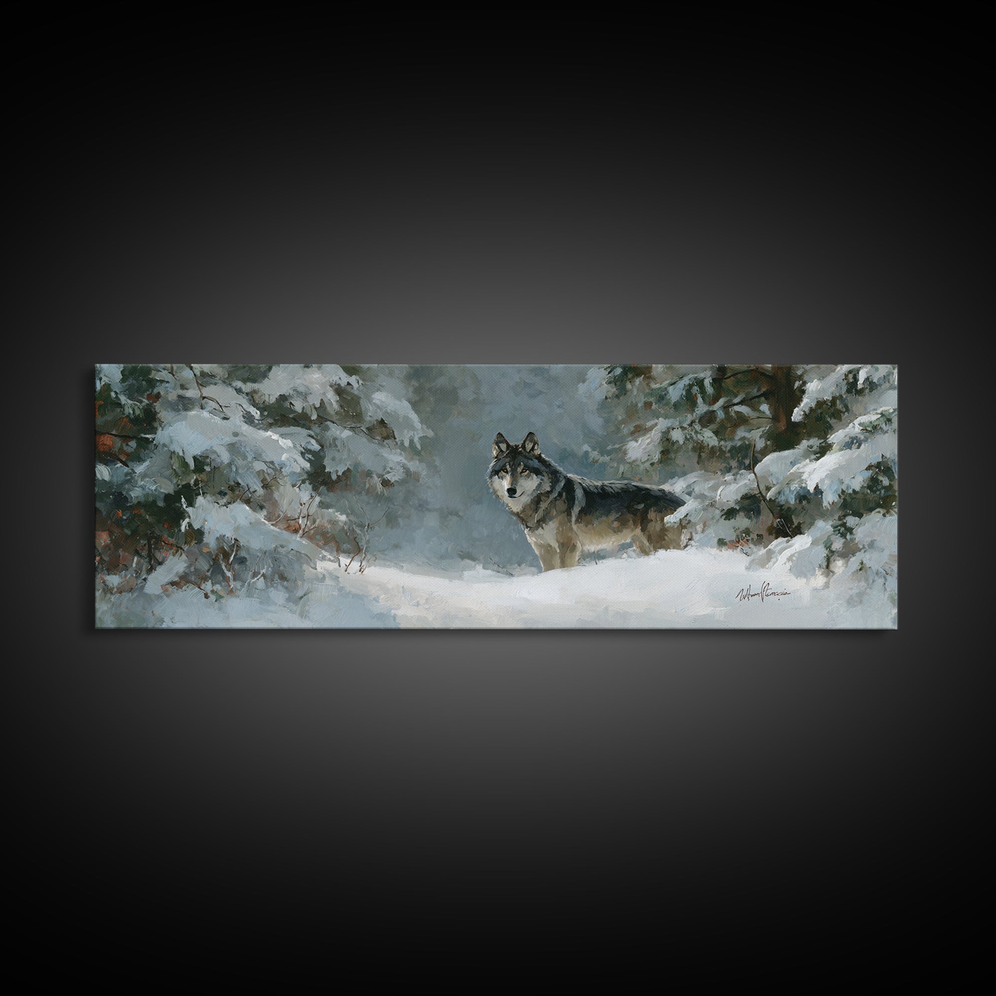 Wolf Standing Beneath Snowy Pine Trees Canvas Print, Wildlife Art, Room Decor, Living Room Decor, Fine Art, Wild, WIL-3x1-91