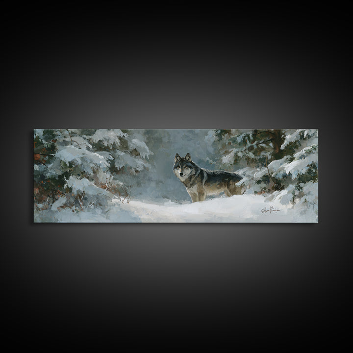 Wolf Standing Beneath Snowy Pine Trees Canvas Print, Wildlife Art, Room Decor, Living Room Decor, Fine Art, Wild, WIL-3x1-91