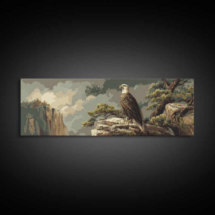 Eagle Soaring Above Rocky Cliffs Canvas Print, Wildlife Art, Bird Art, Living Room Decor, Watercolor Art, Wild, WIL-3x1-94