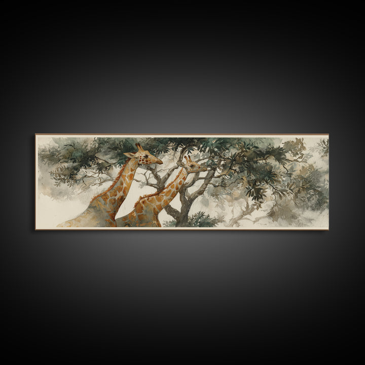 Giraffe Pair under Acacia Tree Canvas Print, Wildlife Art, Living Room Decor, Oil Painting, Wild, Original Art, WIL-3x1-95