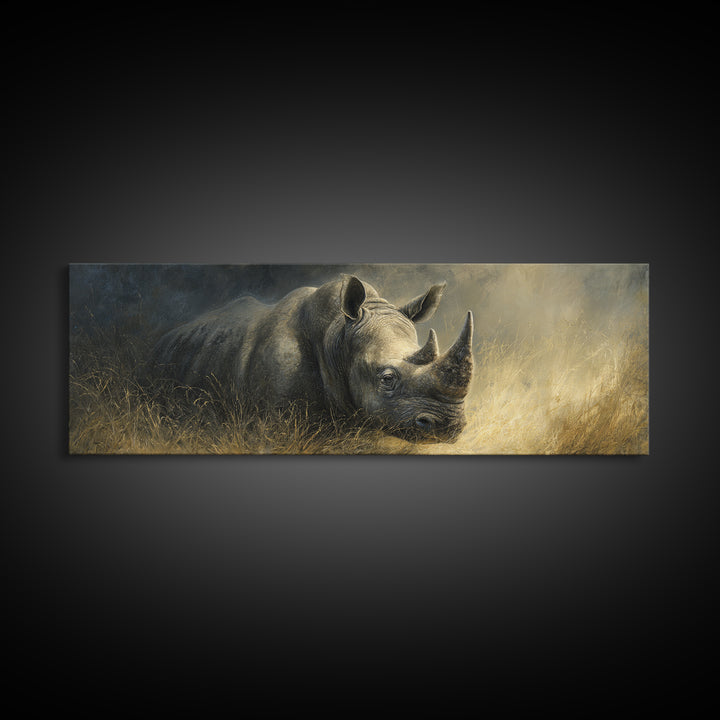 Rhino in Dramatic Stormy Light Canvas Print, Wildlife Art, Neutral Decor, Living Room Decor, Fine Art, Wild, Wall Art, WIL-3x1-96