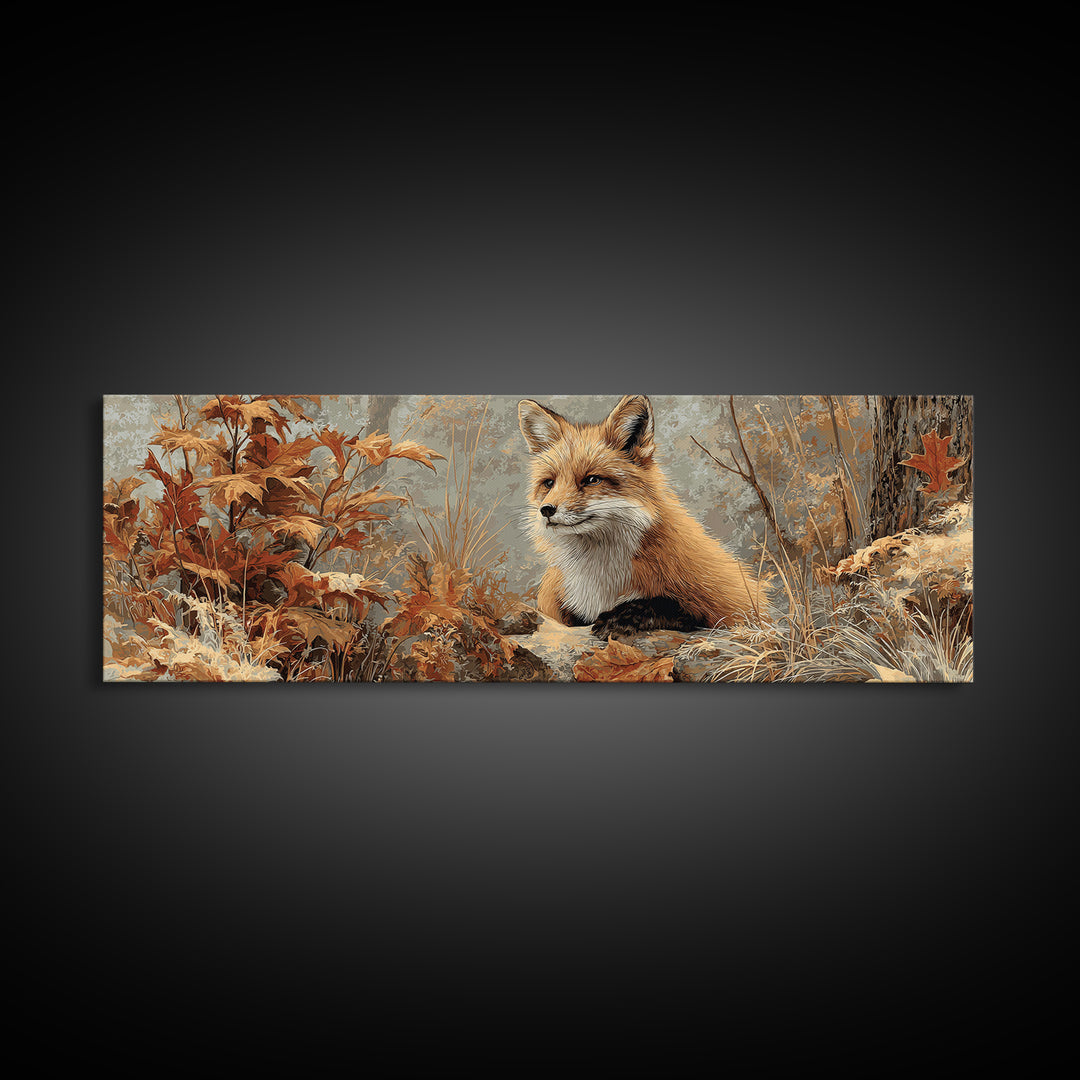 Fox in Autumn Forest Leaves Canvas Print, Wildlife Art, Gallery Decor, Living Room Decor, Fine Art, Wild, Contemporary Art, WIL-3x1-97