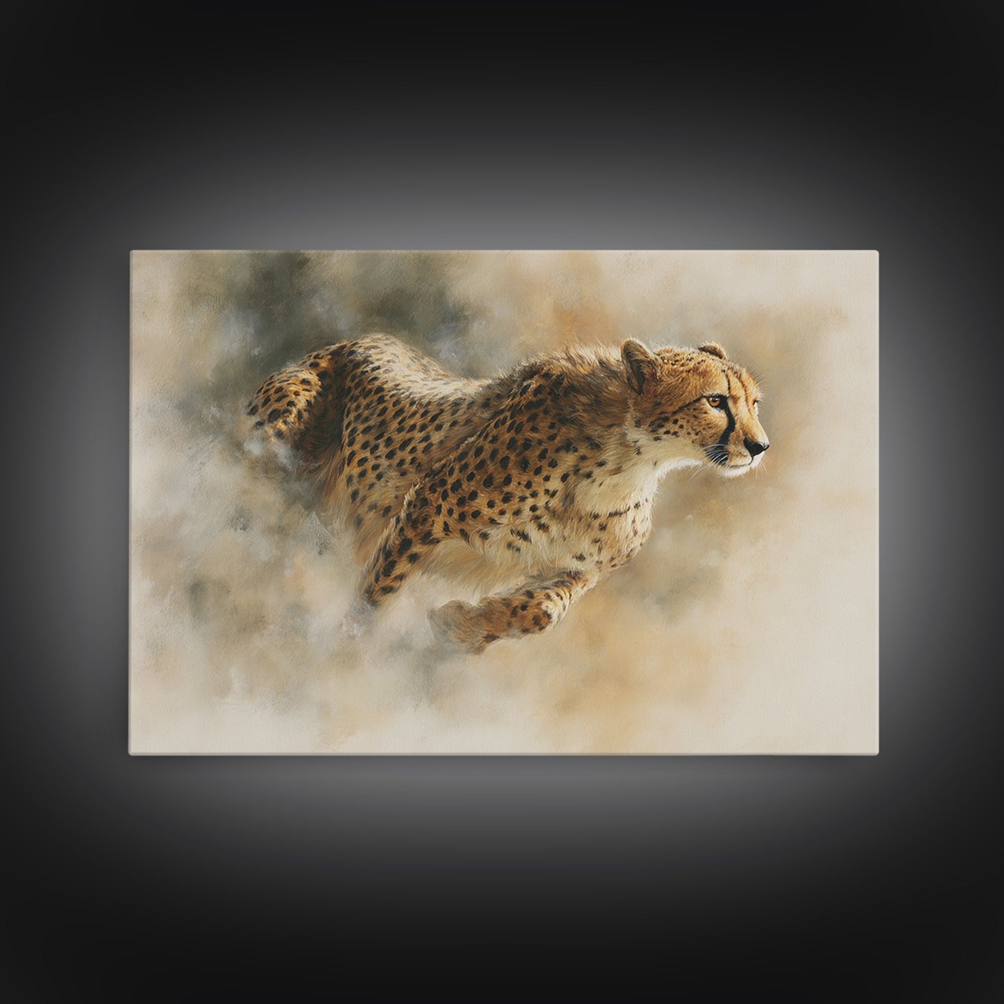 Cheetah Running Through Warm Dust Canvas Print, Wildlife Art, Modern Wall Art, Living Room Decor, Fine Art, Wild, Bird Wall Art, WIL-3x2-1
