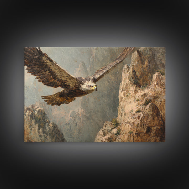 Eagle Soaring Above Rocky Cliffs Framed Canvas Print, Wildlife Art, Wall Art Print, Living Room Decor, Fine Art, Wild, WIL-3x2-10