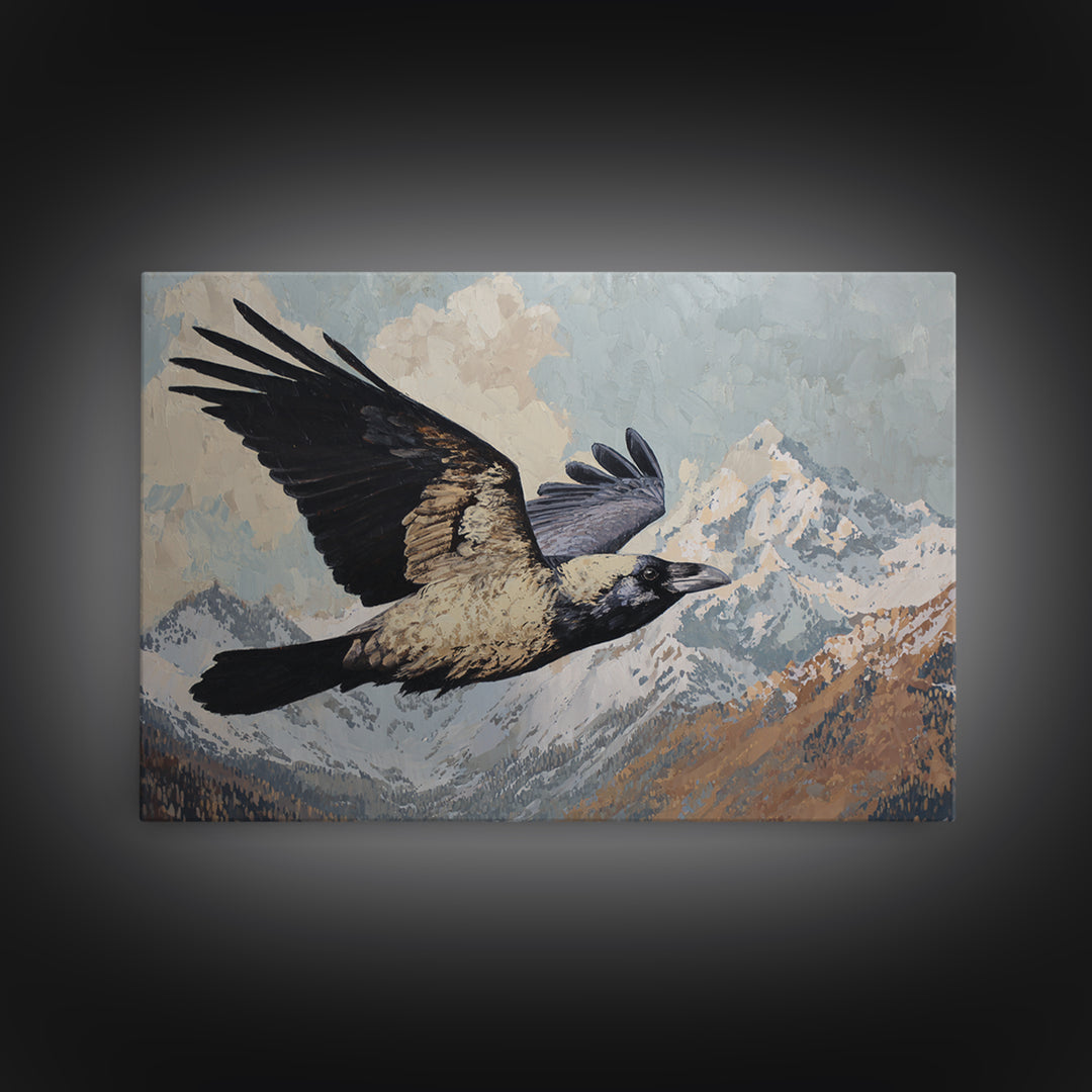 Raven Flying Through Snowy Mountains Framed Canvas Print, Wildlife Art, Fine Art Print, Living Room Decor, Fine Art, Wild, WIL-3x2-100