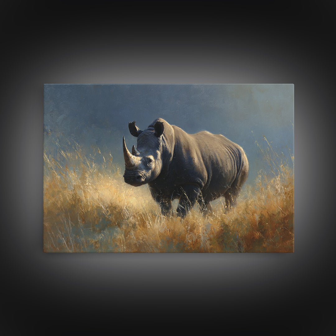 Rhino in Dramatic Stormy Light Canvas Print, Wildlife Art, Modern Wall Art, Living Room Decor, Fine Art, Wild, Bird Wall Art, WIL-3x2-12