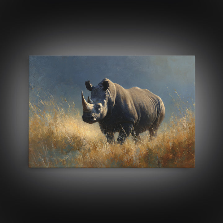 Rhino in Dramatic Stormy Light Canvas Print, Wildlife Art, Modern Wall Art, Living Room Decor, Fine Art, Wild, Bird Wall Art, WIL-3x2-12