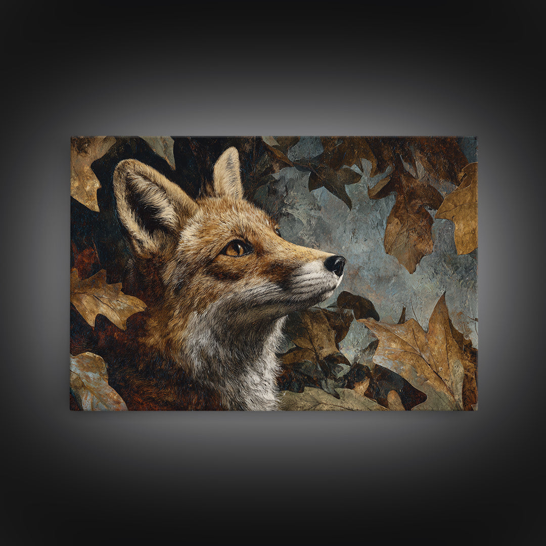 Fox in Autumn Forest Leaves Framed Canvas Print, Wildlife Art, Canvas Print, Living Room Decor, Fine Art, Wild, Forest Wall Art, WIL-3x2-13