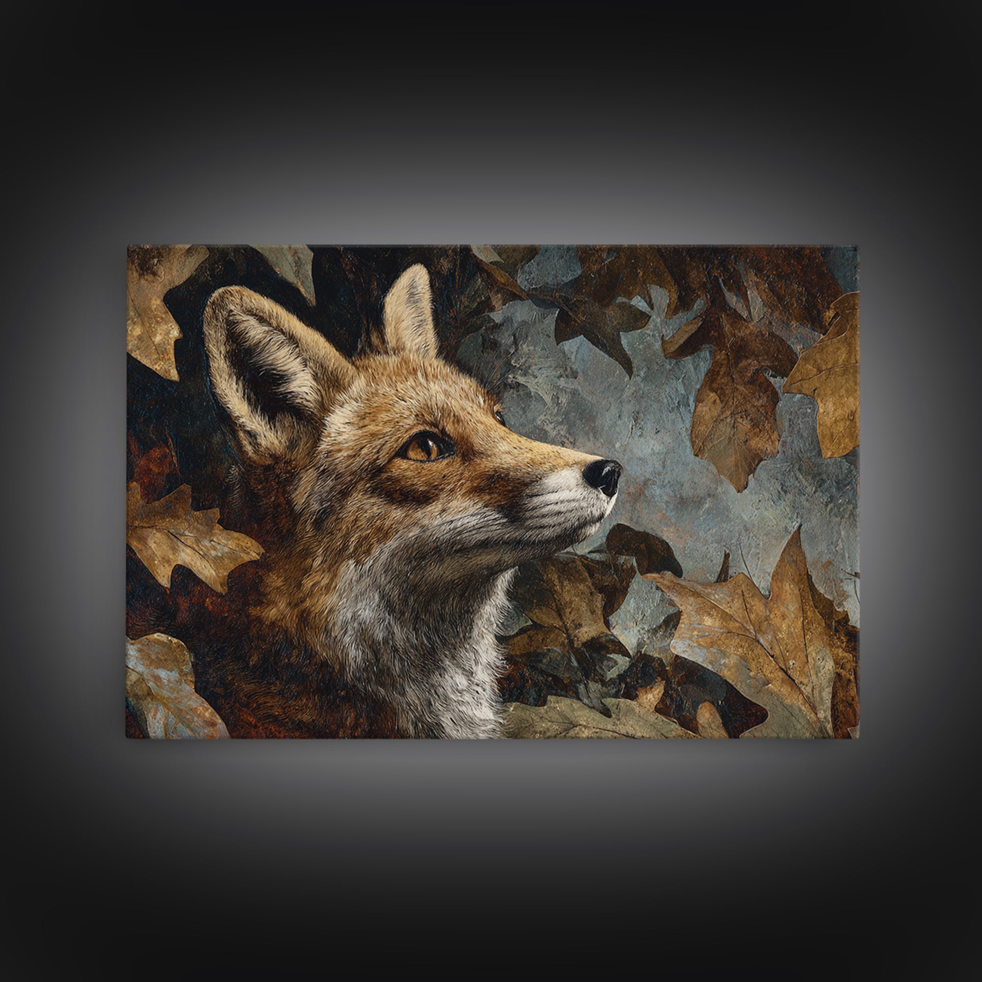 Fox in Autumn Forest Leaves Framed Canvas Print, Wildlife Art, Canvas Print, Living Room Decor, Fine Art, Wild, Forest Wall Art, WIL-3x2-13