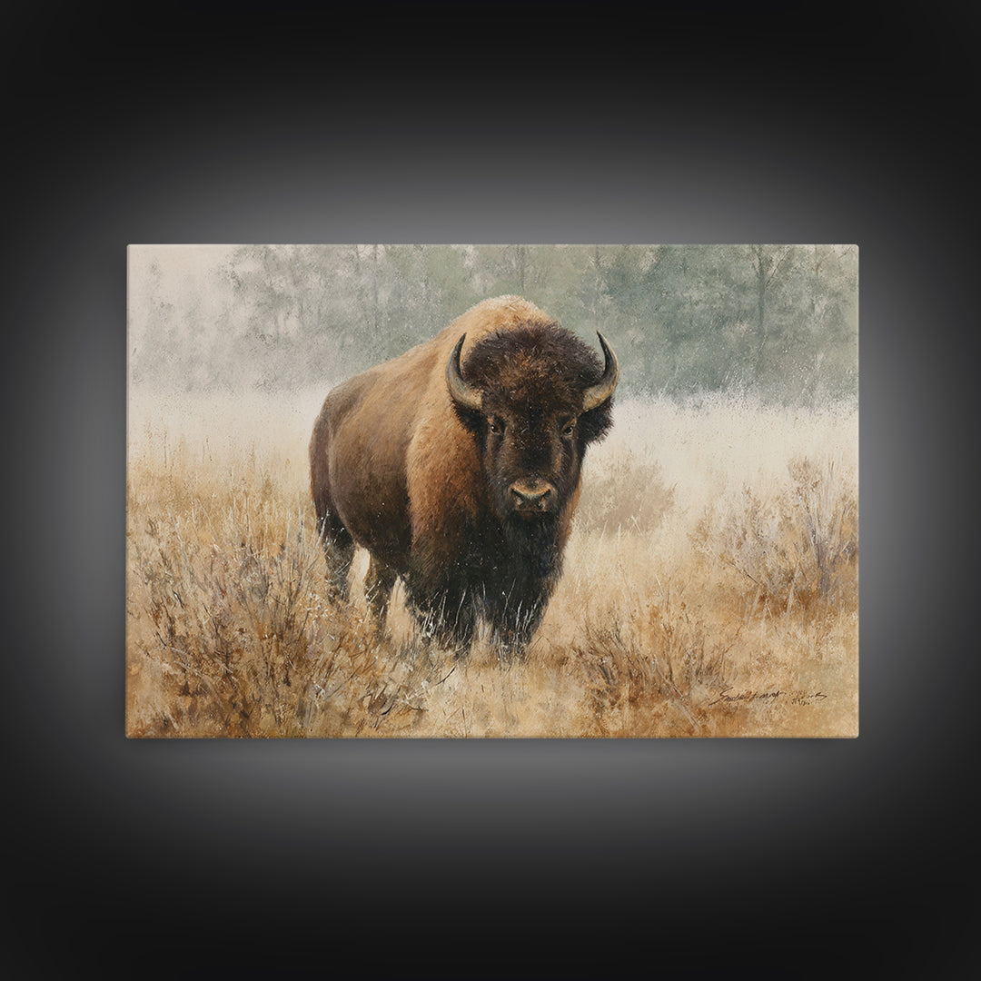 Bison on Wide Western Prairie Canvas Print, Wildlife Art, Living Room Wall Art, Living Room Decor, Wild, Unique Home Decor, WIL-3x2-17