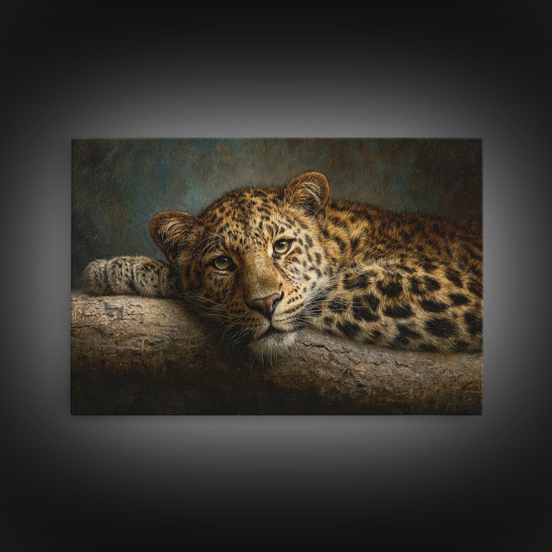 Leopard Resting on Tree Branch Framed Canvas Print, Wildlife Art, Large Wall Art, Living Room Decor, Watercolor Art, Wild, WIL-3x2-18