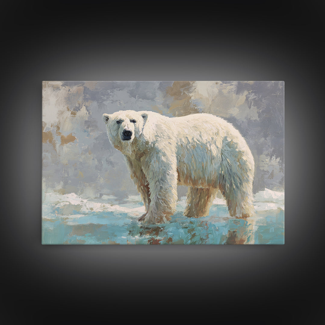 Polar Bear Crossing Blue Ice Framed Canvas Print, Wildlife Art, Living Room Art, Living Room Decor, Fine Art, Wild, Boho Decor, WIL-3x2-19