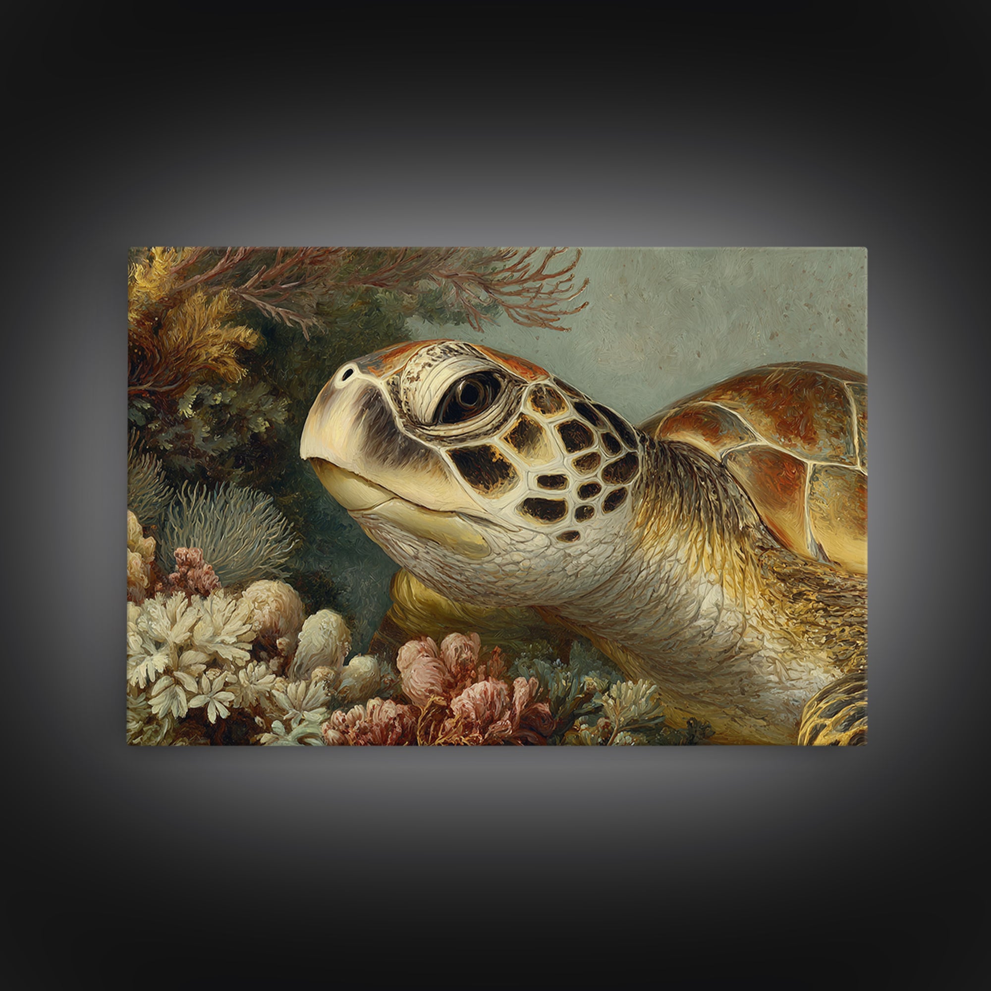 Sea Turtle over Coral Reef Canvas Print, Wildlife Art, Original Art, Living Room Decor, Oil Painting, Wild, Leopard Wall Art, WIL-3x2-22