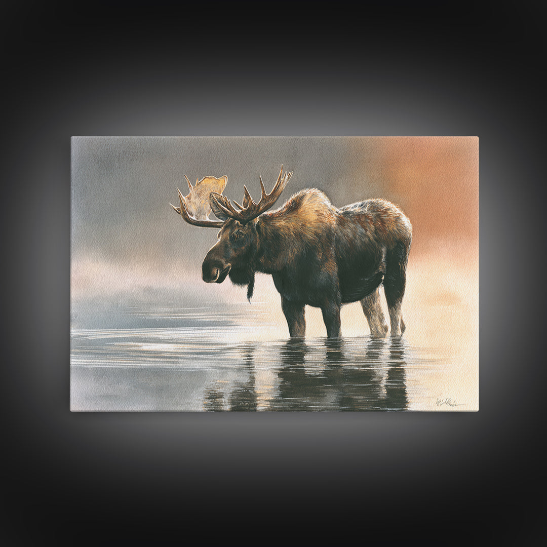 Moose Standing in Reflective Lake Framed Canvas Print, Wildlife Art, Living Room Wall Art, Living Room Decor, Oil Painting, WIL-3x2-23
