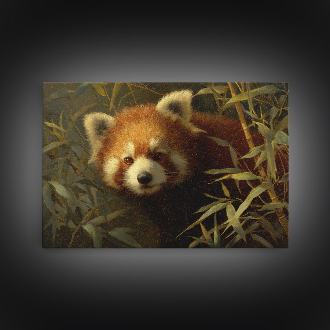 Red Panda Among Bamboo Leaves Framed Canvas Print, Wildlife Art, Canvas Print, Living Room Decor, Wild, Forest Wall Art, WIL-3x2-24