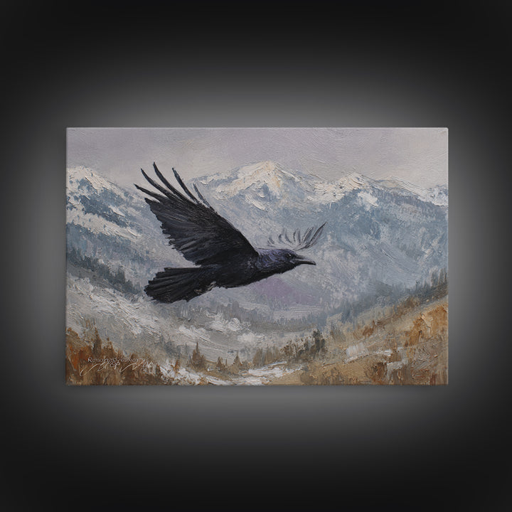 Raven Flying Through Snowy Mountains Framed Canvas Print, Wildlife Art, Living Room Decor, Watercolor Art, Wild, WIL-3x2-28