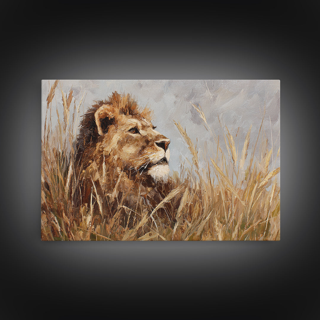 Lion Emerging from Golden Savanna Grass Canvas Print, Wildlife Art, Bird Wall Art, Living Room Decor, Fine Art, Wild, WIL-3x2-29