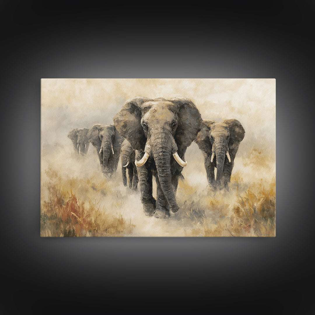 Elephant Herd Walking Through Dusty Sunset Canvas Print, Wildlife Art, Living Room Wall Art, Living Room Decor, Fine Art, Wild, WIL-3x2-30
