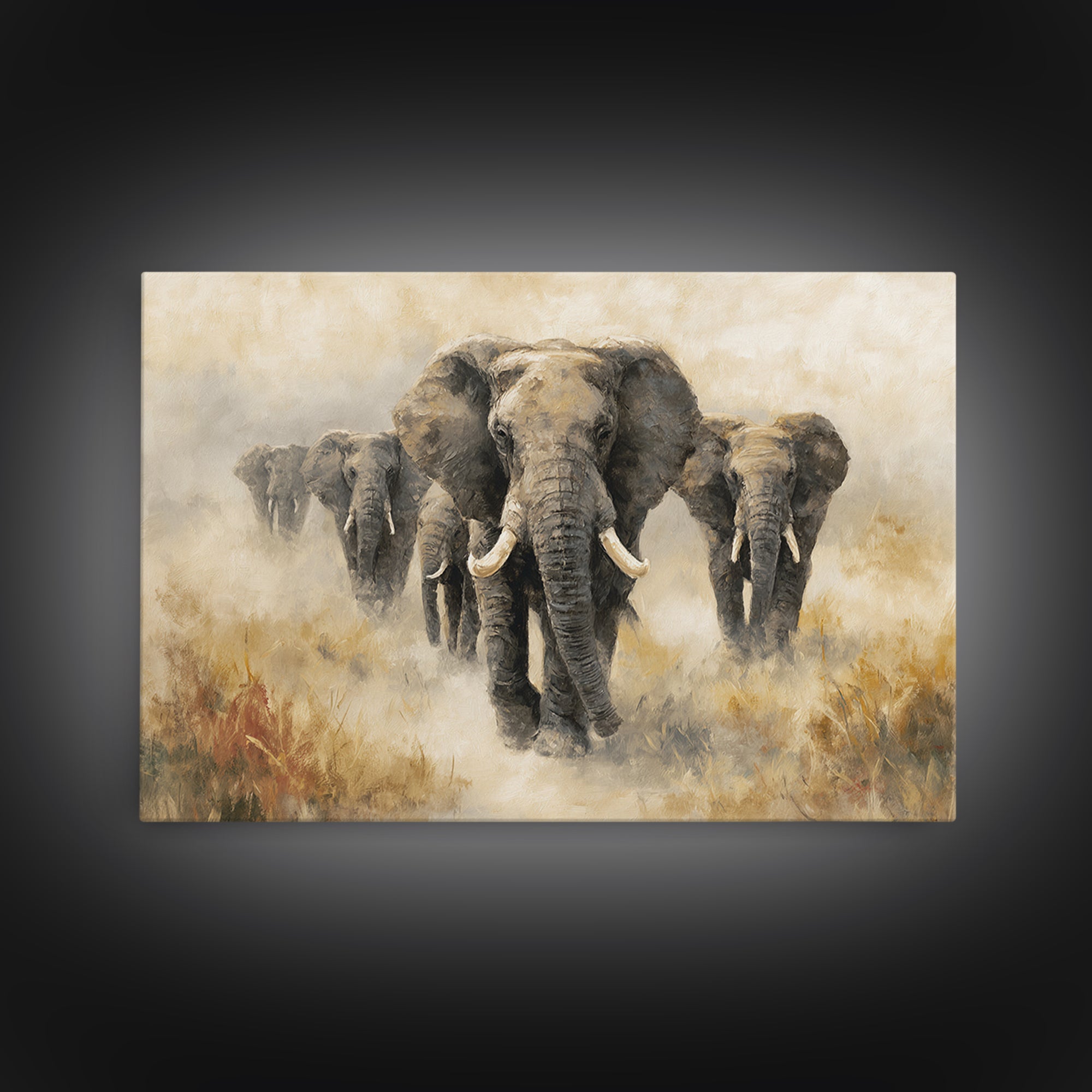 Elephant Herd Walking Through Dusty Sunset Canvas Print, Wildlife Art, Living Room Wall Art, Living Room Decor, Fine Art, Wild, WIL-3x2-30