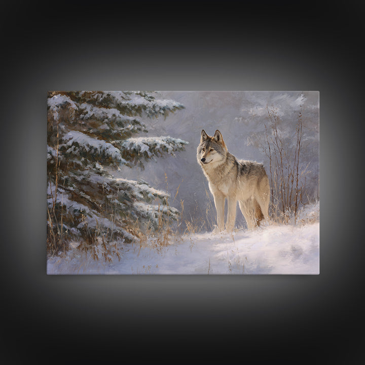 Wolf Standing Beneath Snowy Pine Trees Framed Canvas Print, Wildlife Art, Canvas Painting, Living Room Decor, Fine Art, Wild, WIL-3x2-31