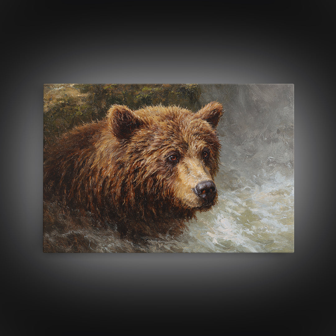 Bear Fishing in Rushing Mountain River Canvas Print, Wildlife Art, Bird Art, Living Room Decor, Oil Painting, Wild, WIL-3x2-32