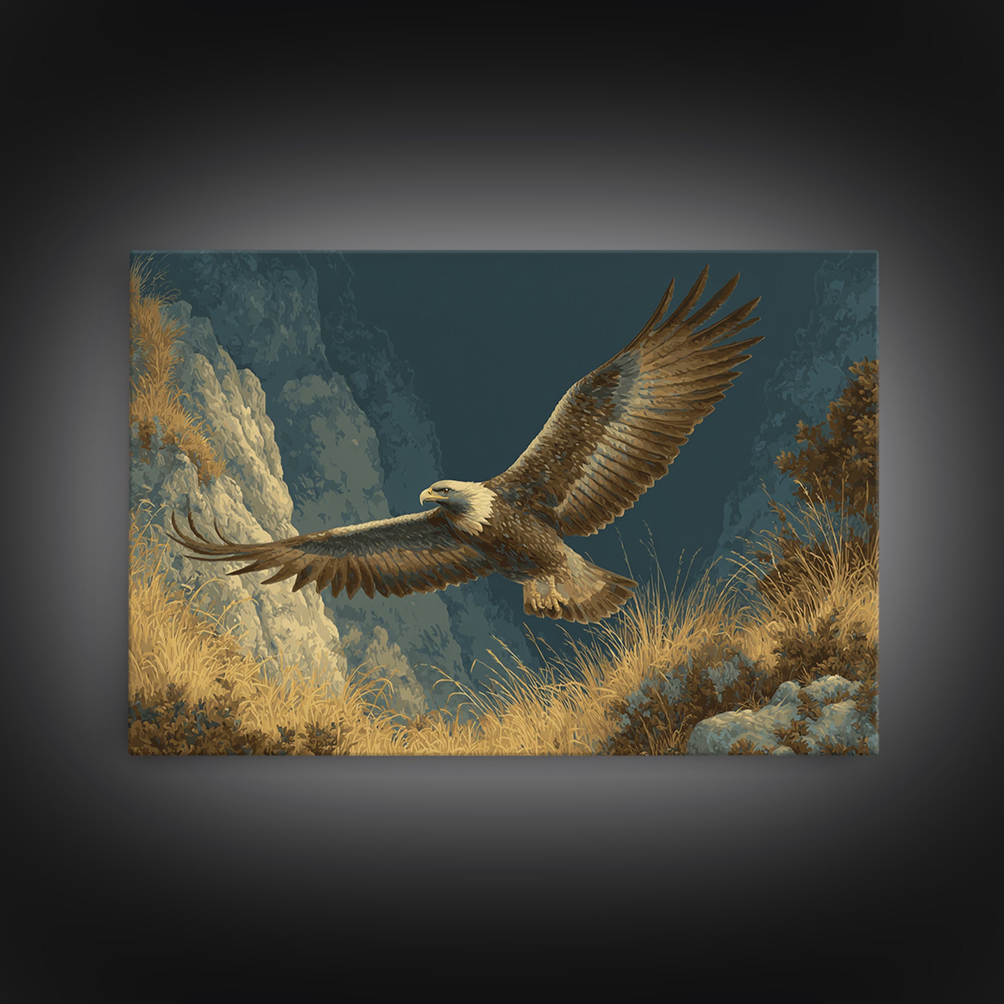 Eagle Soaring Above Rocky Cliffs Canvas Print, Wildlife Art, Bird Art, Living Room Decor, Watercolor Art, Wild, WIL-3x2-34