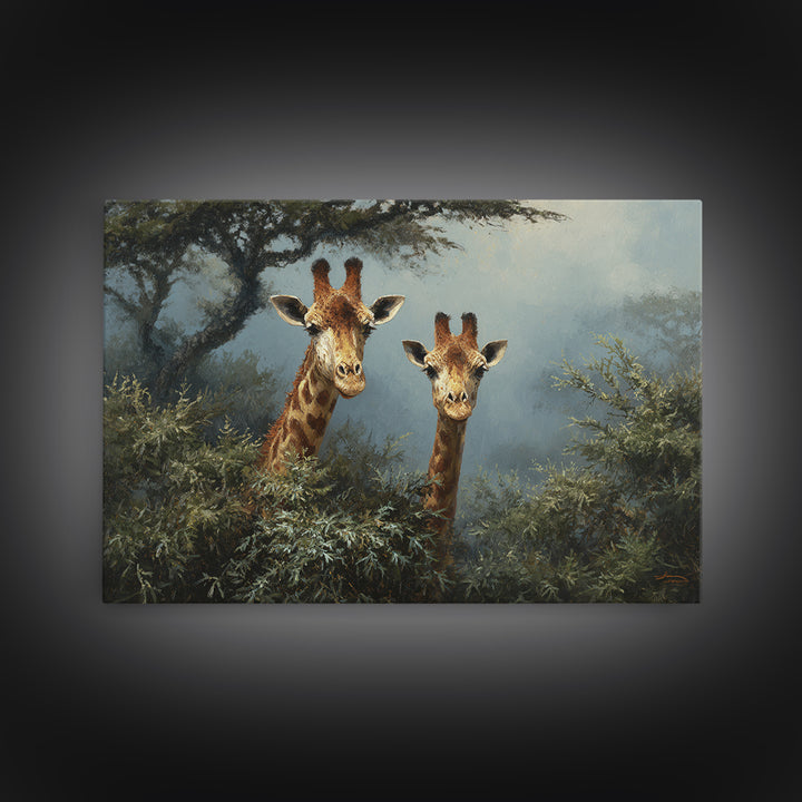 Giraffe Pair under Acacia Tree Framed Canvas Print, Wildlife Art, Rustic Home Decor, Living Room Decor, Fine Art, Wild, WIL-3x2-35