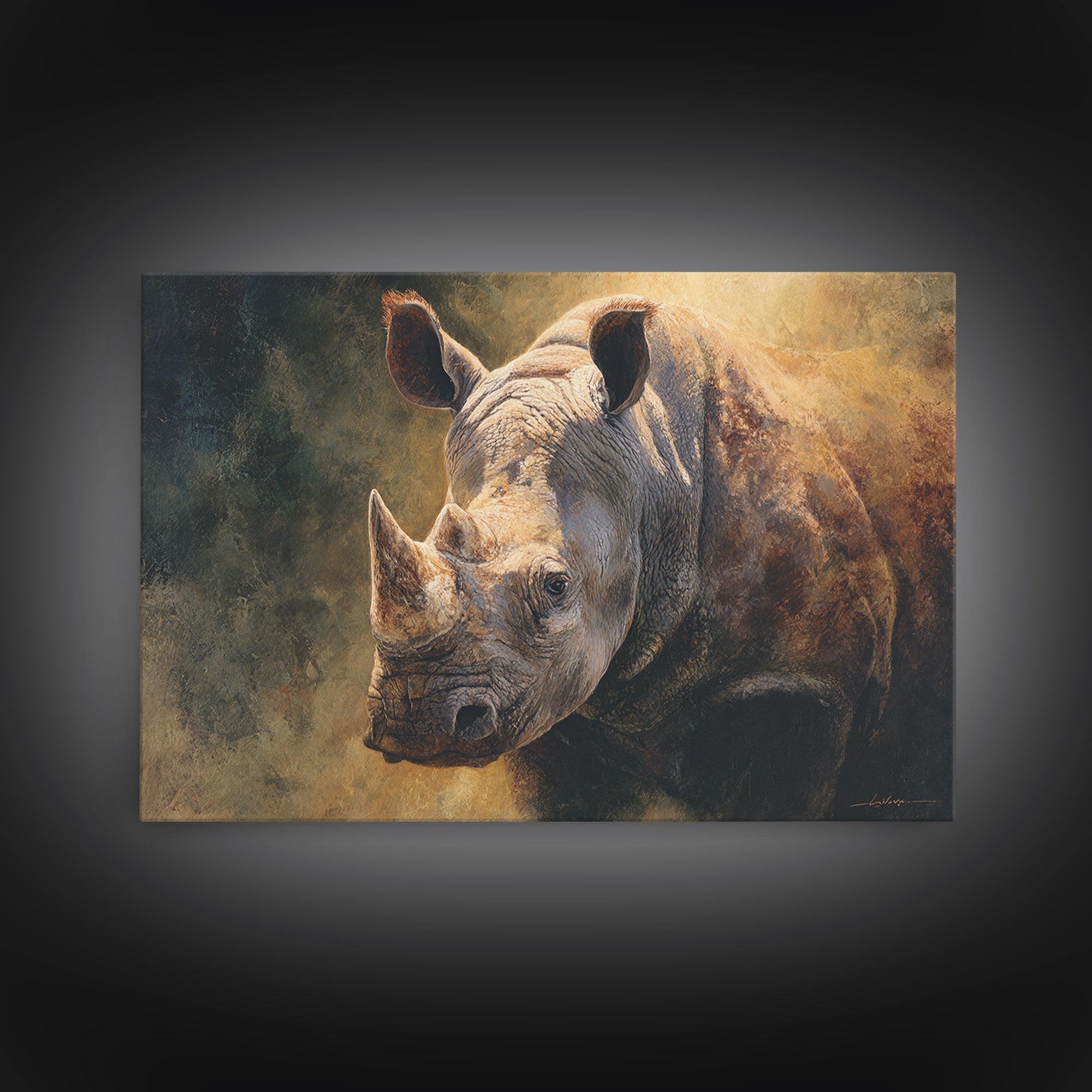 Rhino in Dramatic Stormy Light Framed Canvas Print, Wildlife Art, Bedroom Wall Art, Living Room Decor, Fine Art, Wild, WIL-3x2-36