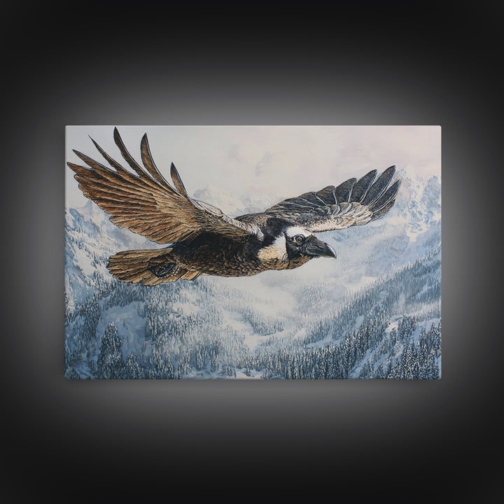 Raven Flying Through Snowy Mountains Canvas Print, Wildlife Art, Wall Hangings, Living Room Decor, Fine Art, Wild, Bird Art, WIL-3x2-4