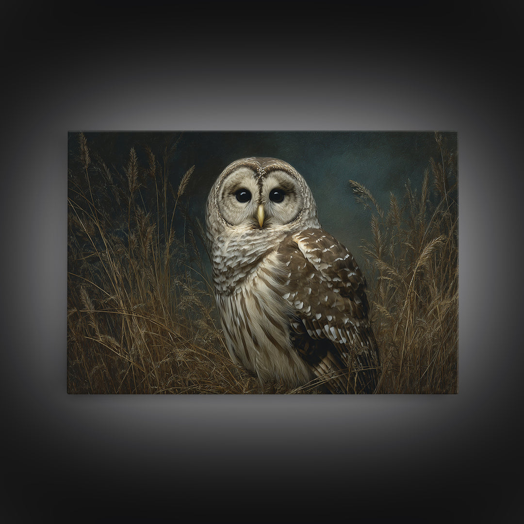 Owl Perched in Moonlit Woodland Framed Canvas Print, Wildlife Art, Modern Art, Living Room Decor, Oil Painting, Wild, WIL-3x2-40
