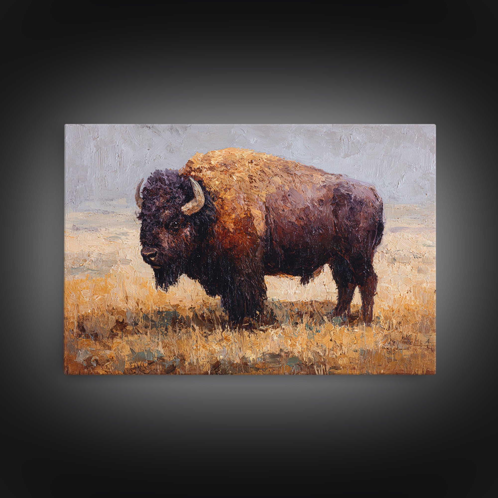 Bison on Wide Western Prairie Framed Canvas Print, Wildlife Art, Digital Download Art, Living Room Decor, Watercolor Art, Wild, WIL-3x2-41