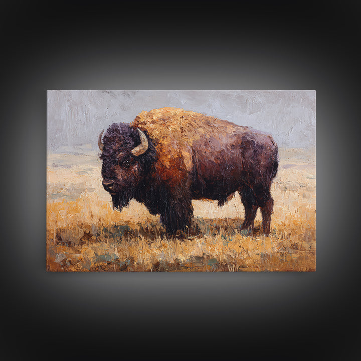 Bison on Wide Western Prairie Framed Canvas Print, Wildlife Art, Digital Download Art, Living Room Decor, Watercolor Art, Wild, WIL-3x2-41