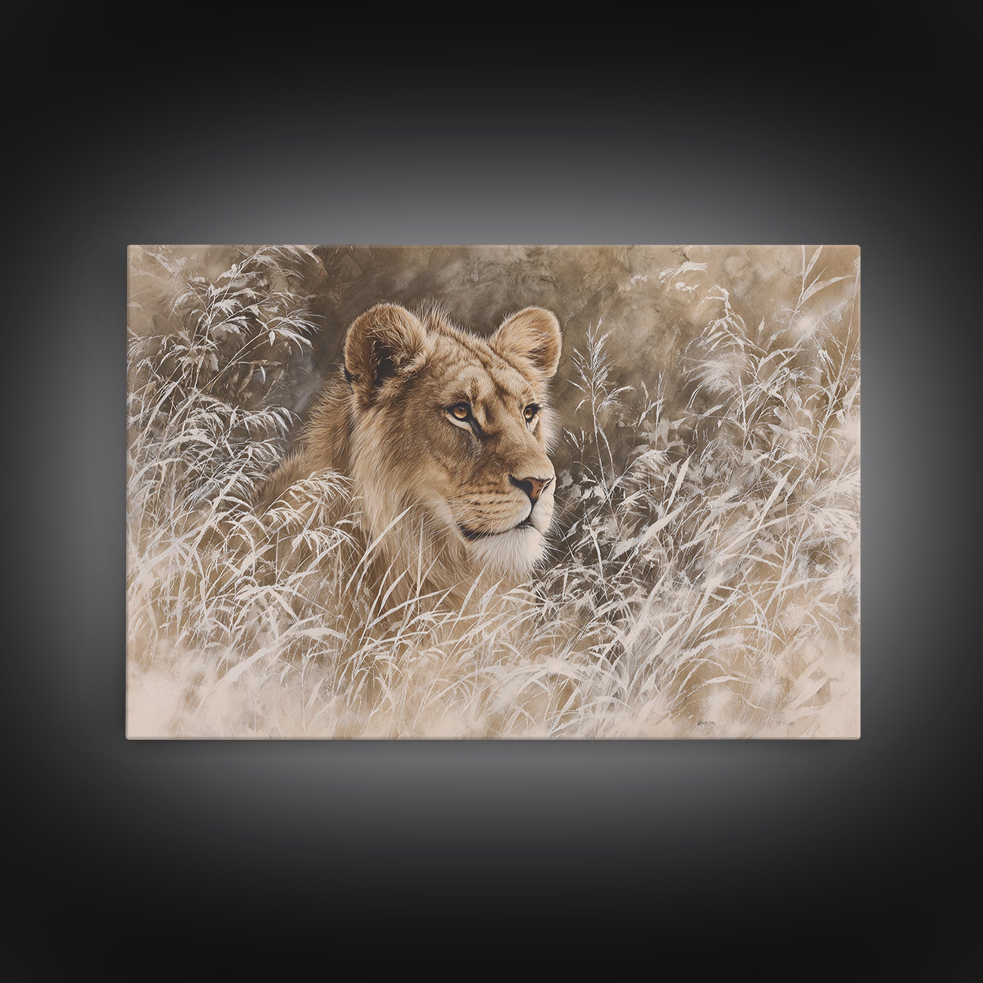 Lion Emerging from Golden Savanna Grass Framed Canvas Print, Wildlife Art, Modern Art, Living Room Decor, Fine Art, Wild, WIL-3x2-5