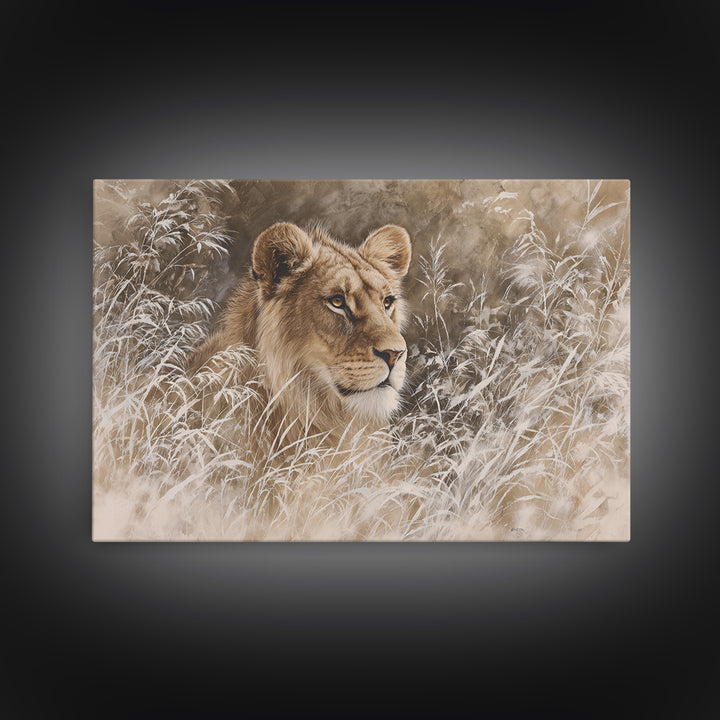 Lion Emerging from Golden Savanna Grass Framed Canvas Print, Wildlife Art, Modern Art, Living Room Decor, Fine Art, Wild, WIL-3x2-5