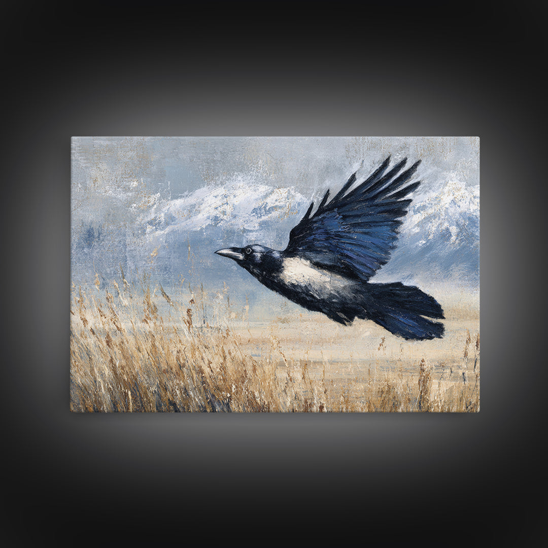 Raven Flying Through Snowy Mountains Canvas Print, Wildlife Art, Living Room Wall Art, Living Room Decor, Fine Art, Wild, WIL-3x2-52